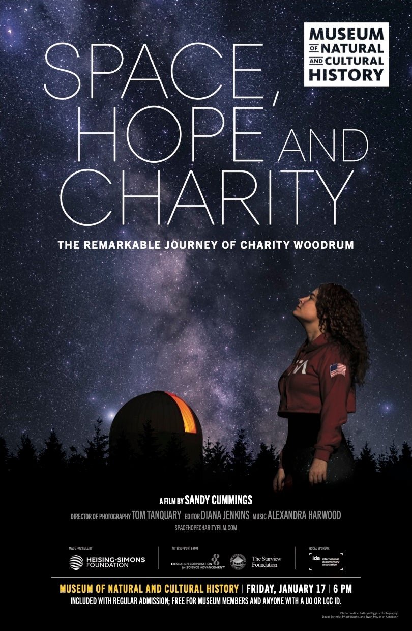 Poster for Space, Hope, and Charity, featuring a young white woman gazing up at a night sky with lots of stars.