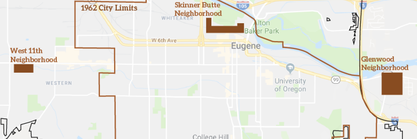 A map of Eugene with the 1962 city limits outlined. Also demarcated are historically Black neighborhoods. 