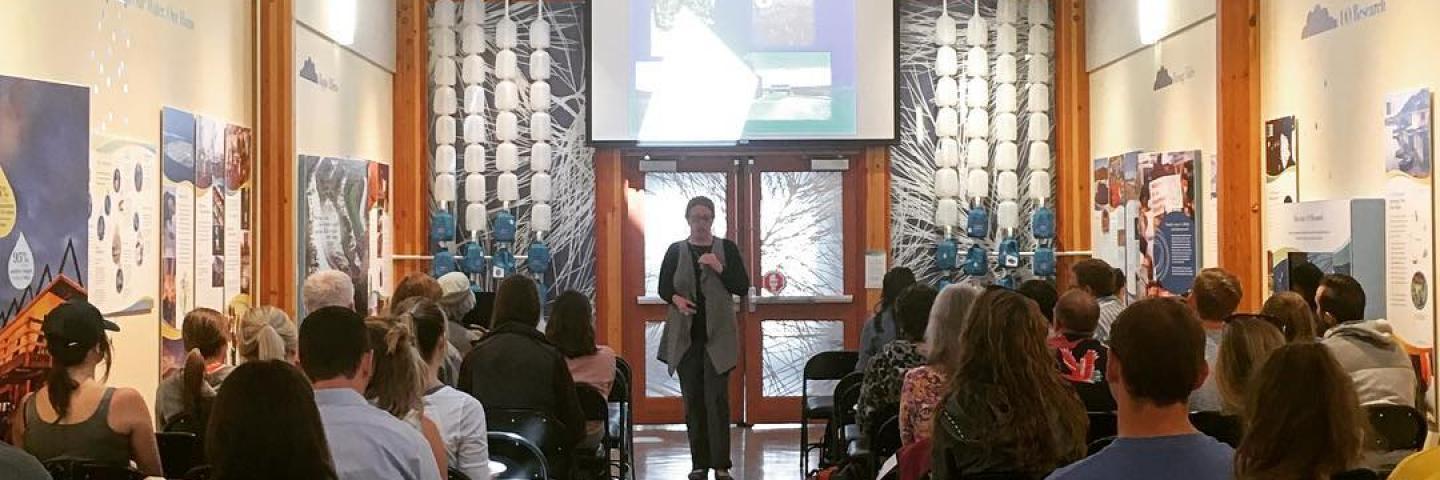 Room filled with people and a person in front of a screen talking