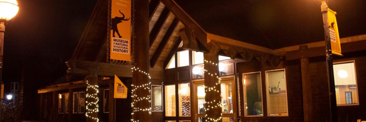 The museum at night with the pillars wrapped in twinkle lights