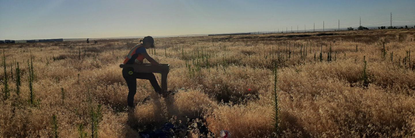 A person stands at a sifter in the scrubby Northern Great Basin desert