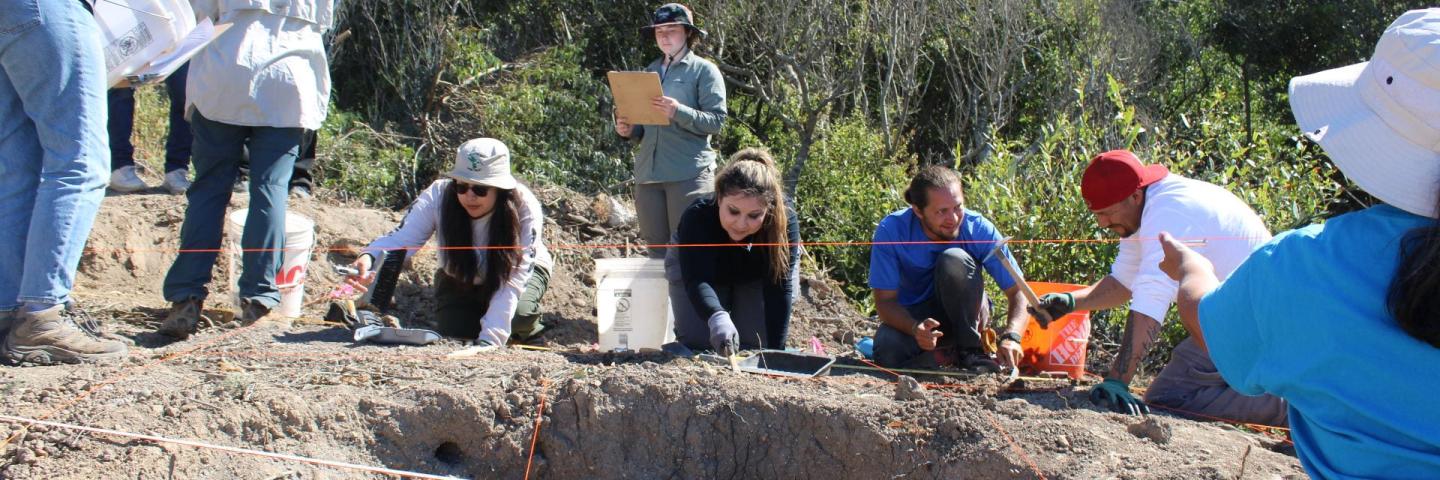 Several students with both tan and pale skin dig near a pit excavation on an archaeological dig