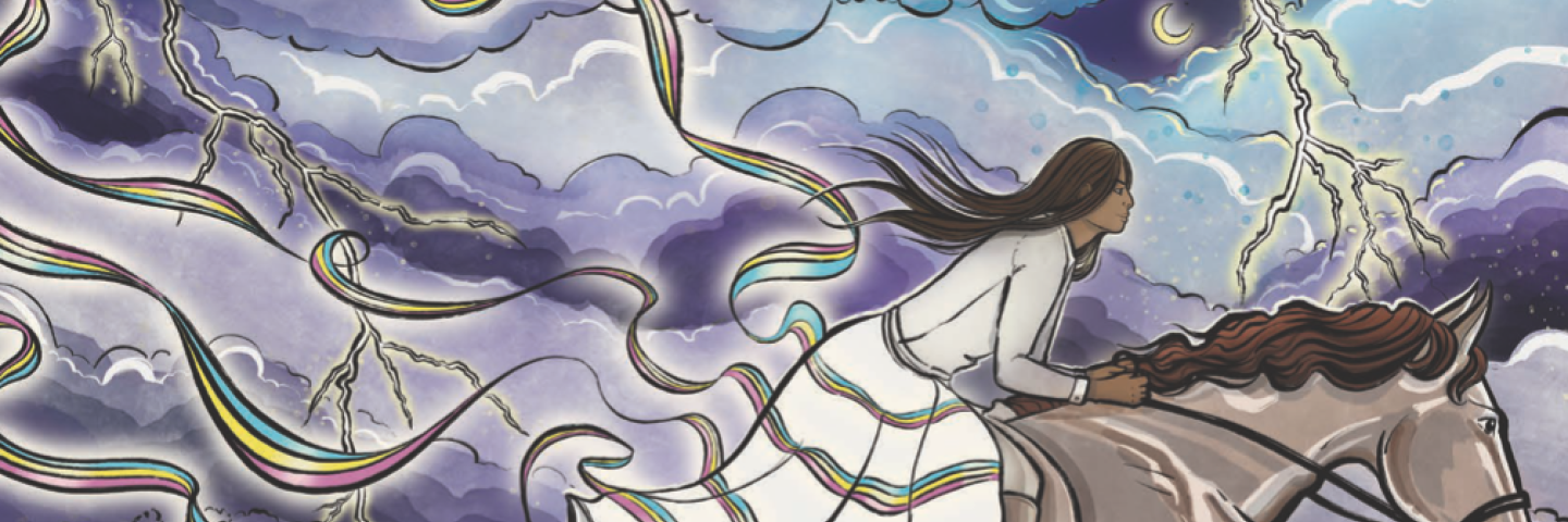 Transgressors. An indigenous femme presenting person on horseback with a white dress and rainbow ribbons.