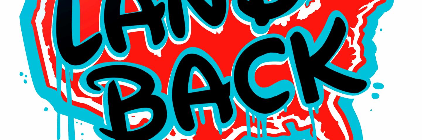 Outline of the United States with text "Land Back" over it. 