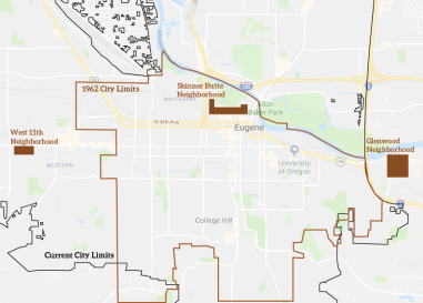A map of Eugene with the 1962 city limits outlined. Also demarcated are historically Black neighborhoods.