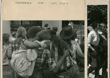 Black and white photo of several students in 1977 celebrating Stonewall Day at UO