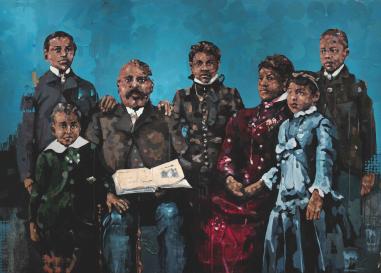 Oil portrait of an African American family with five children