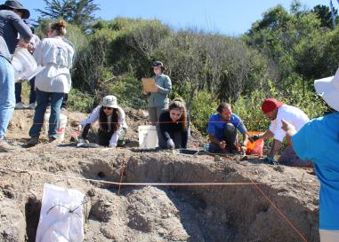 Several students with both tan and pale skin dig near a pit excavation on an archaeological dig