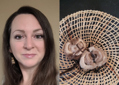 Profile of woman next to woven basket