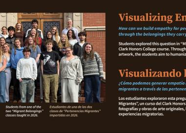 A panel in the museum with a picture of a UO class and the title "Visualizing Empathy"