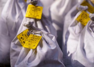 bags of soil samples labeled for floating
