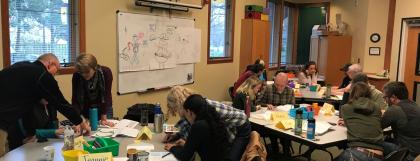 People working in small groups around tables in a classroom