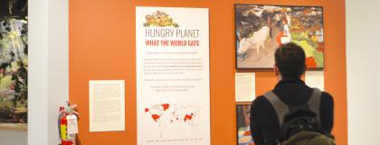Person stands with back to the camera, looking at a wall with text reading "Hungry Planet: What the World Eats"