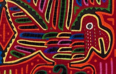 Mola blouse with two birds, probably in a cage. (detail, front)