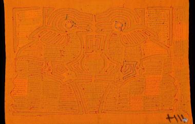 Mola with two birds standing over a flower in a pot. (interior)