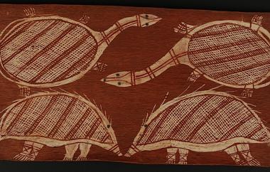 Two turtles and two echidnas, Gunwinggu Tribe, Kroken Island, West Arnhem Land 26.25" x 13.75",  Cat. No. 6-32
