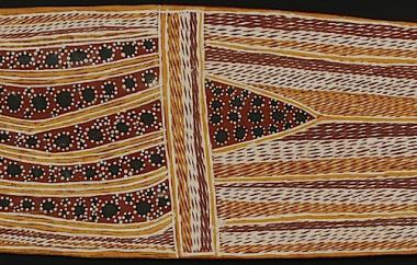 Geometric pattern by Dick Nulmarmar Ganalbingu Tribe Old Arafura Area 28" x 10.25", Cat. No. 6-33