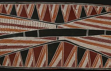 Snakes and crocodiles, Yirrkalla or Miningimbi, Northeast Arnhem Land 20" x 10.5", Cat. No. 6-35