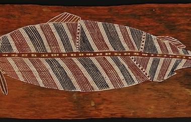 Fish by Peter Nambarridj, Maningrida or Yirrakala 26.25" x 10.25", Cat. No. 6-54