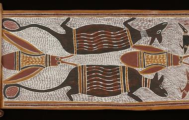Two rodents and two butterflies by Narritjin, Northeast Arnhem Land 25" x 13", Cat. No. 6-93