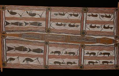 Opossum tree story by Narritjin, Northeast Arnhem Land 52" x 22", Cat. No. 6-95