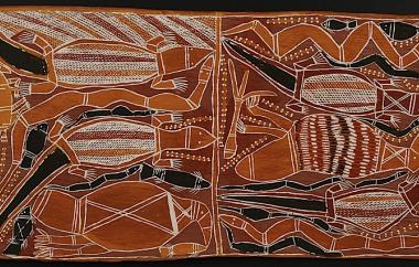 Murrujun mortuary rites by Walipurra Milingimbi Methodist Mission, Arnhem Land 33.5" x 14.5", Cat. No. 6-97