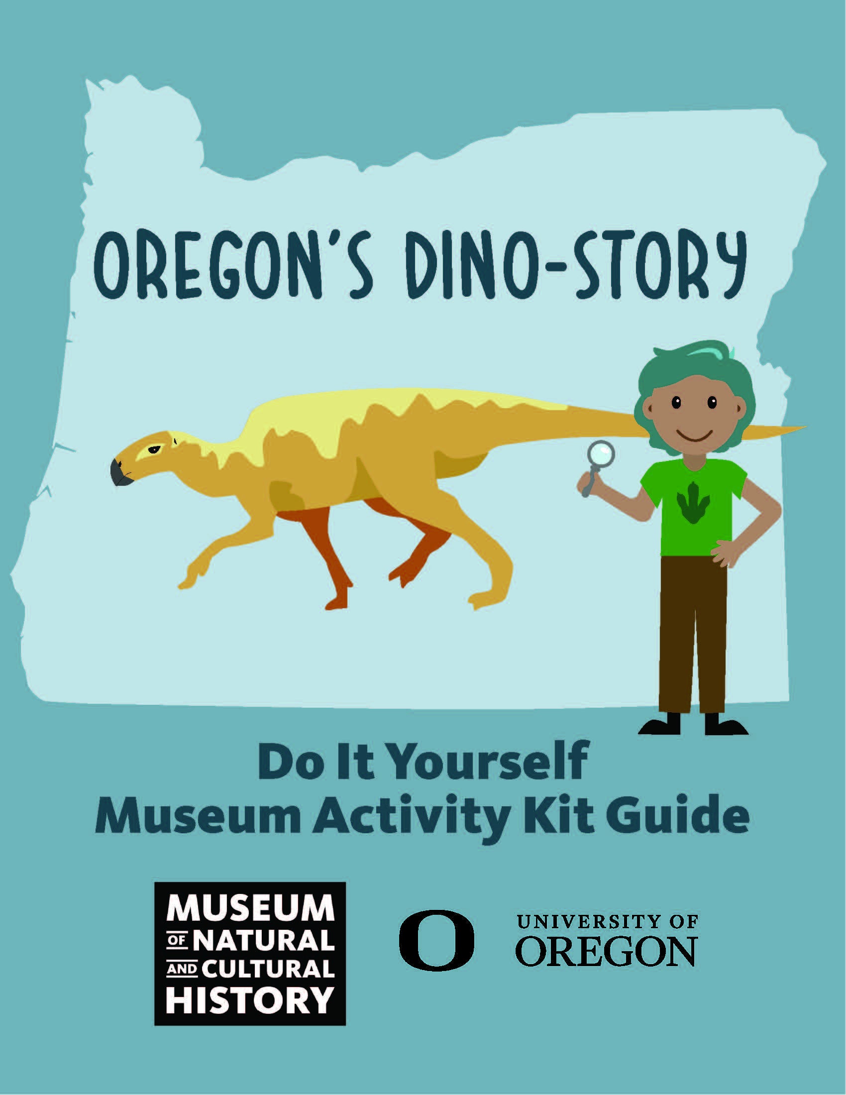 Outline of Oregon with a dinosaur and a person in front.